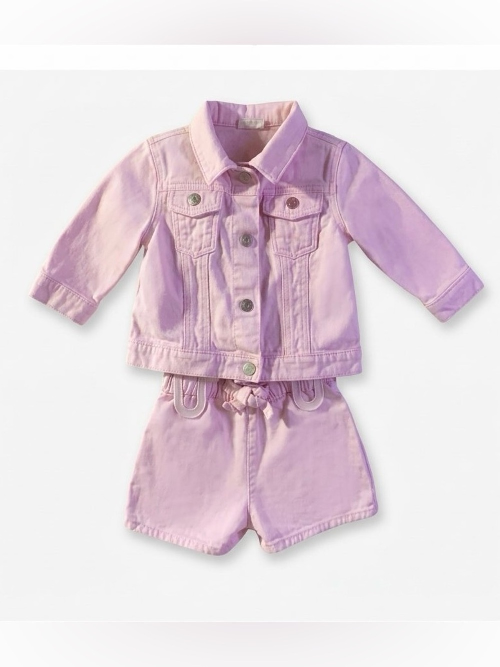 Fred & Flo Pink Denim Matching Set 6-9 Months — Jacket & Shorts EUC